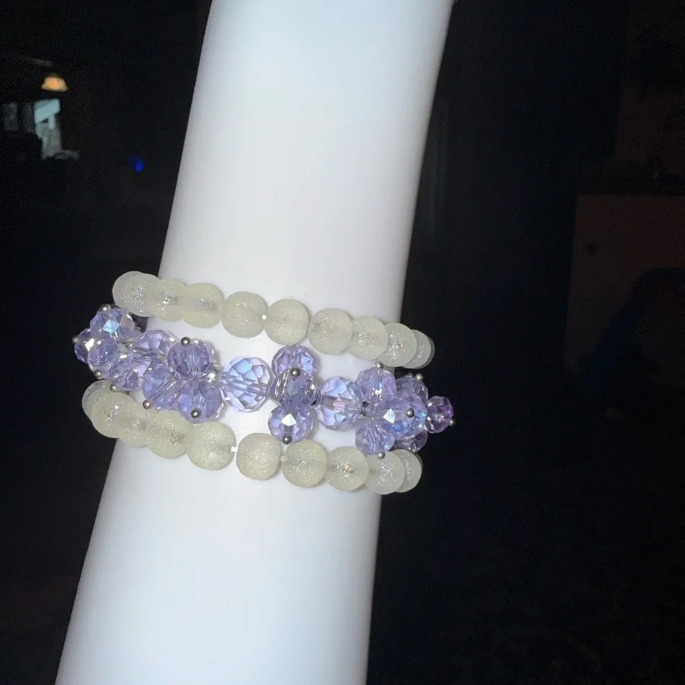 Beaded Bracelet Set - Cream and Purple - Picture 2 of 3